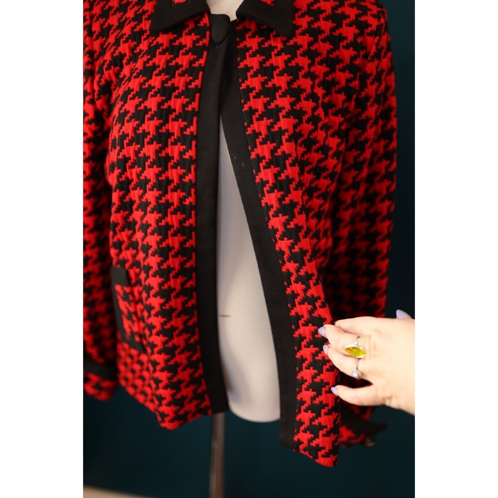 Vintage Victoria Morgan Red Black Houndstooth Corporate Goth Blazer Jacket 10 - Picture 7 of 12